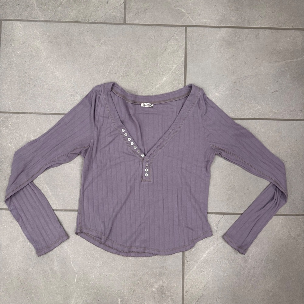 Free People Intimately Ribbed Pointelle Henley Top Purple XL Long Sleeve